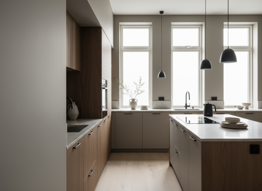 Vitt kök med trädetaljer