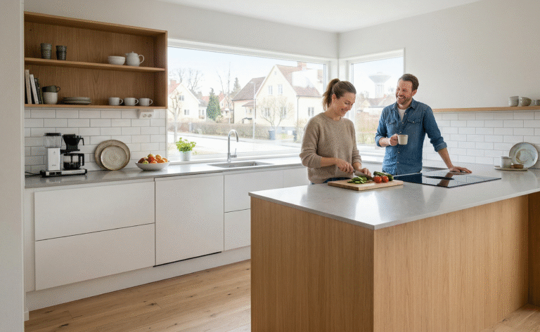 ett par i ett kök i örebro med svampen i bakgrunden