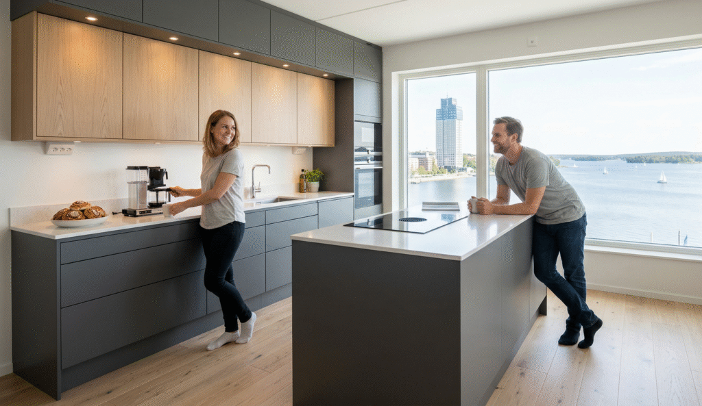 ett par i ett kök i västerås med skrapan i bakgrunden